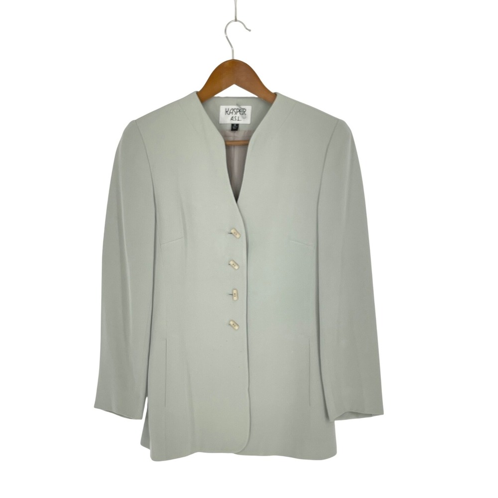 Vtg Kasper A.S.L. Women Blazer 4 Jacket Sage Green‎ Collarless Toggle Button